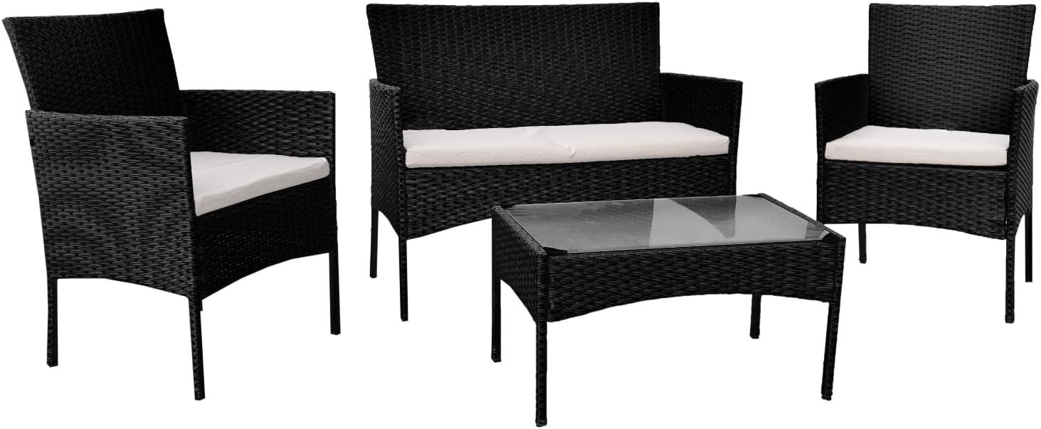 Black Rattan Garden Furniture Set - 4 Piece Patio Sofa and Coffee Table with rain cover - XEO Home